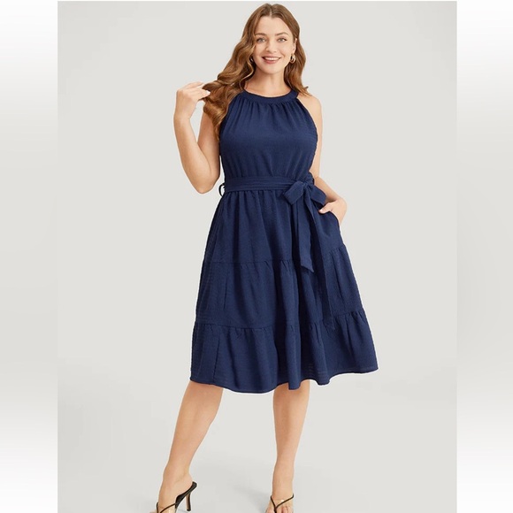 BloomChic Plus Size 4XL Solid Knot Halter Pocket Belted Ruffles Tiered Hem Dress - Picture 7 of 8